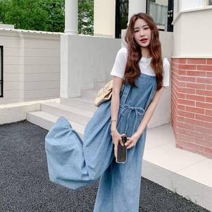 套装两件套夏裤阔腿长裤连体裤女2025蓝色条纹牛仔背带裤T恤套装
