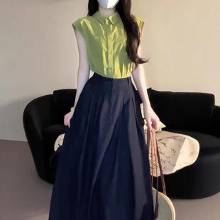 上衣搭高腰半身裙套装 2025夏季 绿色衬衫 新款 女 休闲学院风简约薄款