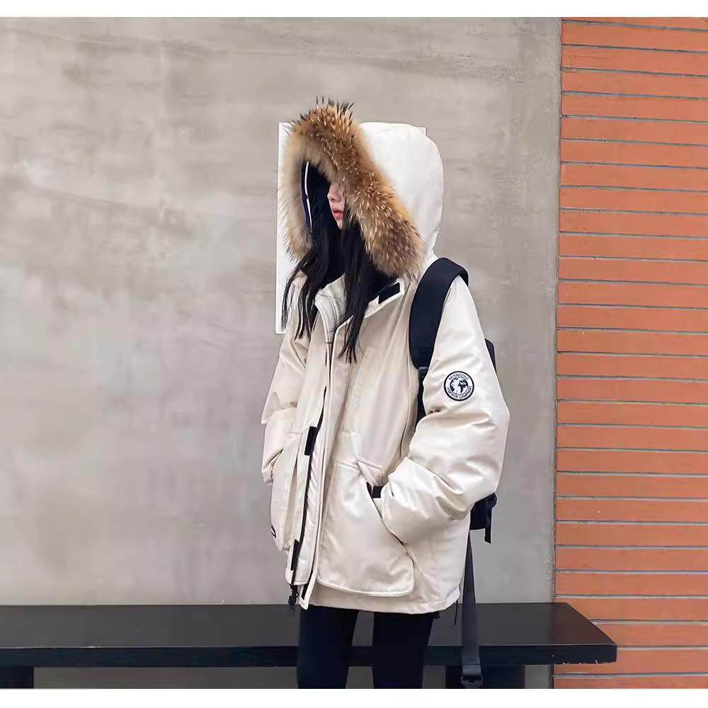 羽绒服女短款工装派克学生冲锋衣大毛领连帽白鸭绒时尚加厚外套潮