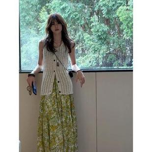 夏季 高腰碎花半身裙两件套 流行穿搭一整套女2025新款 镂空针织开衫