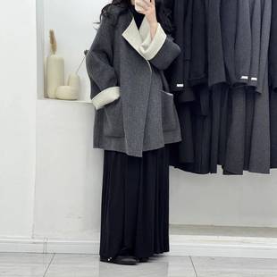 双面双色带围巾双面羊毛大衣女羊绒大衣中长款宽松大版毛呢外套女