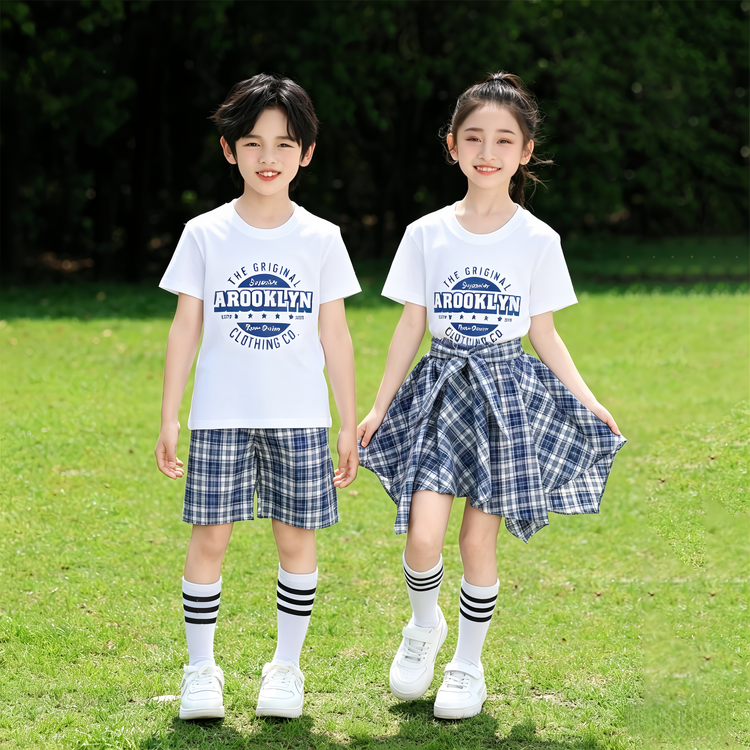 学院风校服套装小学生运动会班服白色短袖格子裙裤毕业照服装