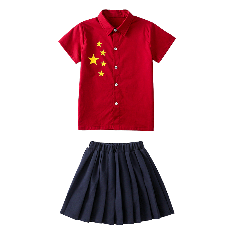 幼儿园园服短袖套装红色中国