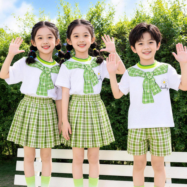 小学生绿格短袖百褶裙校服套装