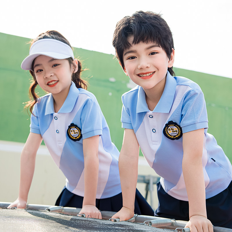 校服套装小学生夏季翻领t恤儿童运动班服统一定制幼儿园老师园服