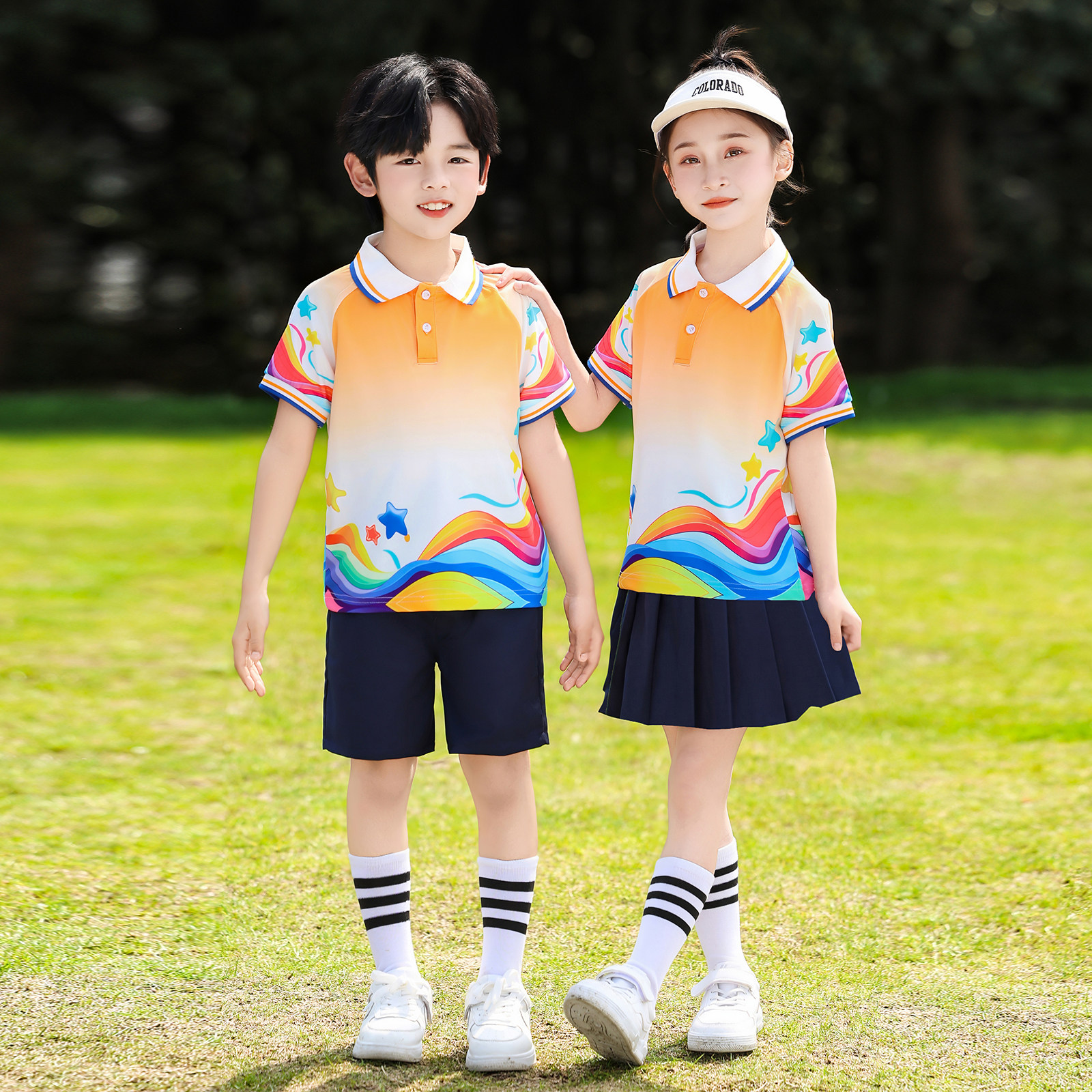 小学生彩虹渐变POLO衫校服套装