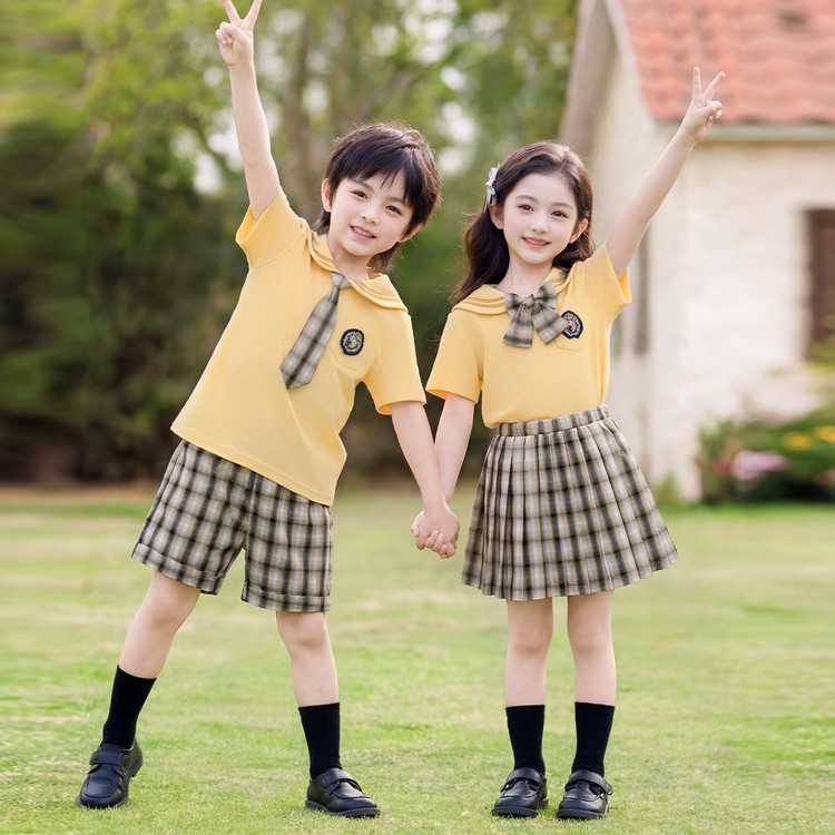 学院风黄色格纹儿童校服套装