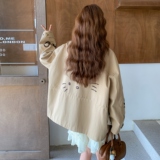 卡其色童趣涂鸦印花翻领撞色风衣外套女2025秋季韩系宽松休闲风，女装风衣，浙宝101
