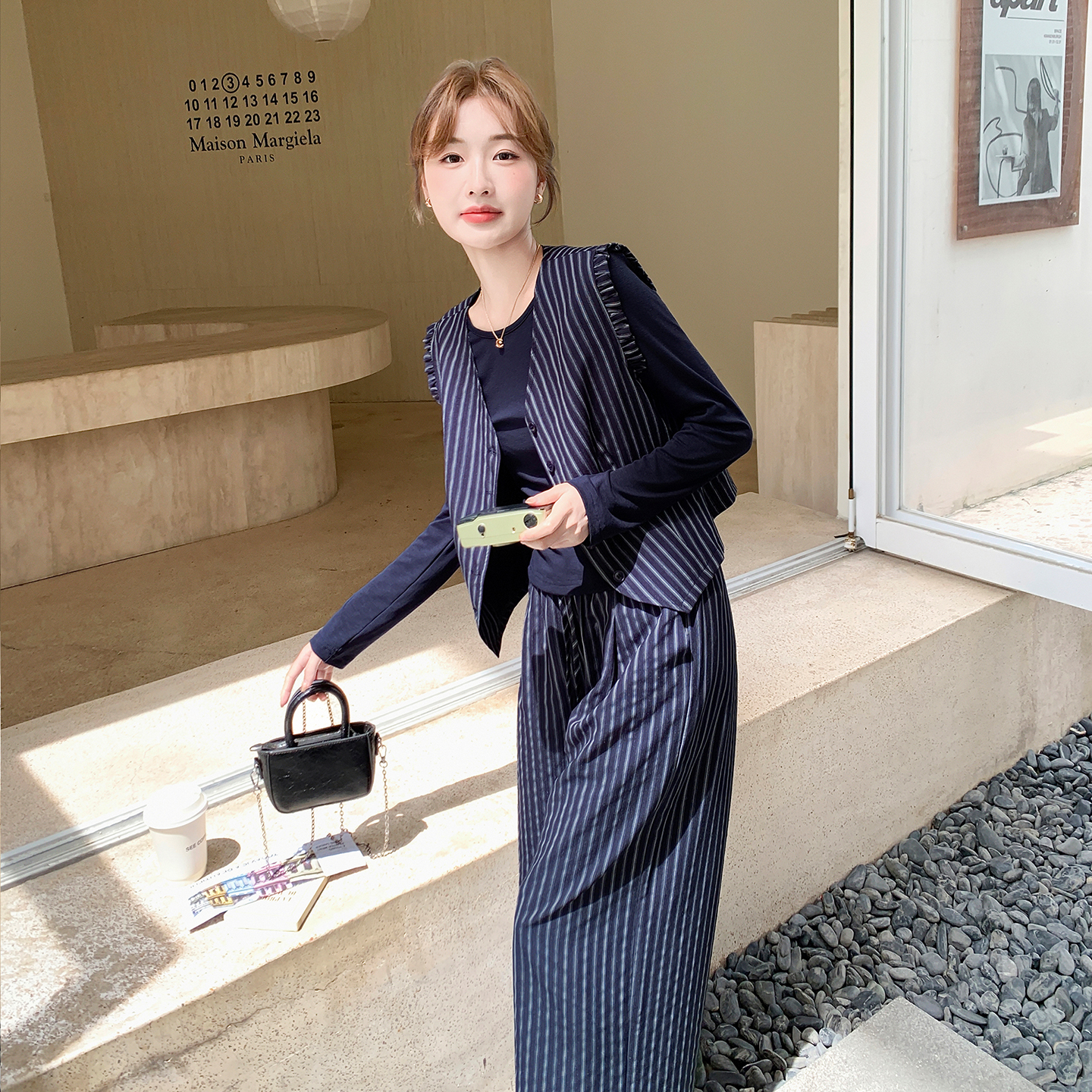 藏青色条纹马甲套装女2025秋季新款气质高级感打底衫阔腿裤三件套，女装套装/套裙，浙宝101