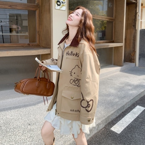 卡其色童趣涂鸦印花翻领撞色风衣外套女2025秋季韩系宽松休闲风图片