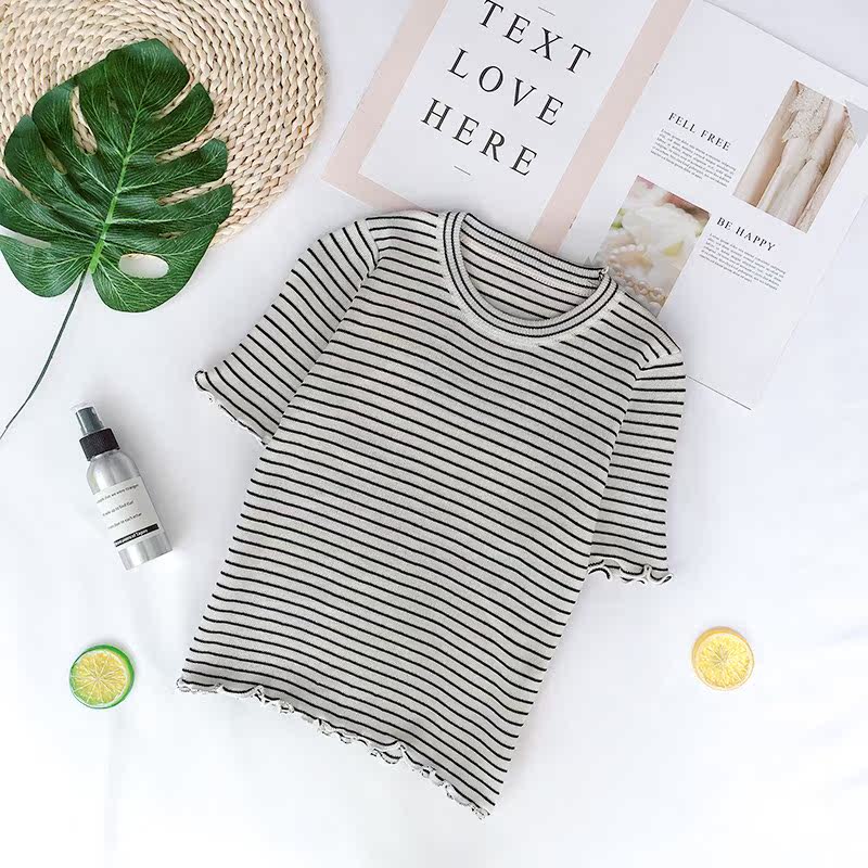 Spring and summer Women's wear Korean Edition College wind Self cultivation Versatile Wood ear stripe Short sleeved T-shirt Sweater jacket Base coatin the Women's clothing/Boutique , T-shirt  category - from Buy2taobao.com to provide professional Taobao agent buy service