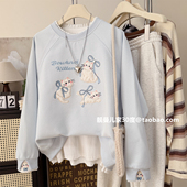 春天 气息 奶蓝色毛毛刺绣三只小猫上衣软妹洋气百搭圆领女卫衣