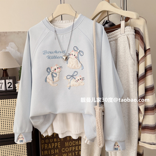 春天的气息~奶蓝色毛毛刺绣三只小猫上衣软妹洋气百搭圆领女卫衣