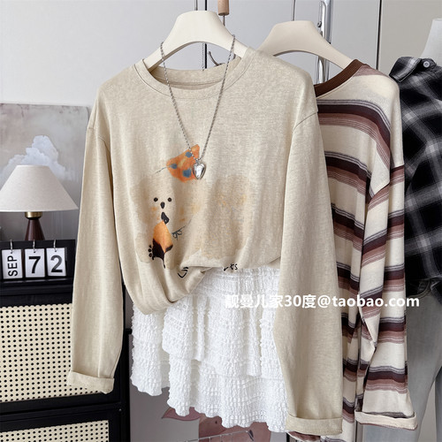 韩系小狗印花秋长袖打底T恤衫女