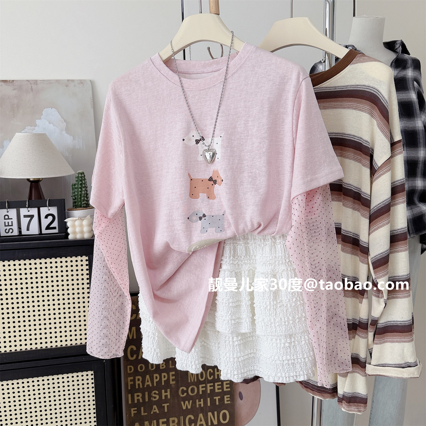 甜美可爱风~春夏浅粉色小狗印花假两件上衣女宽松波点拼袖长袖T恤