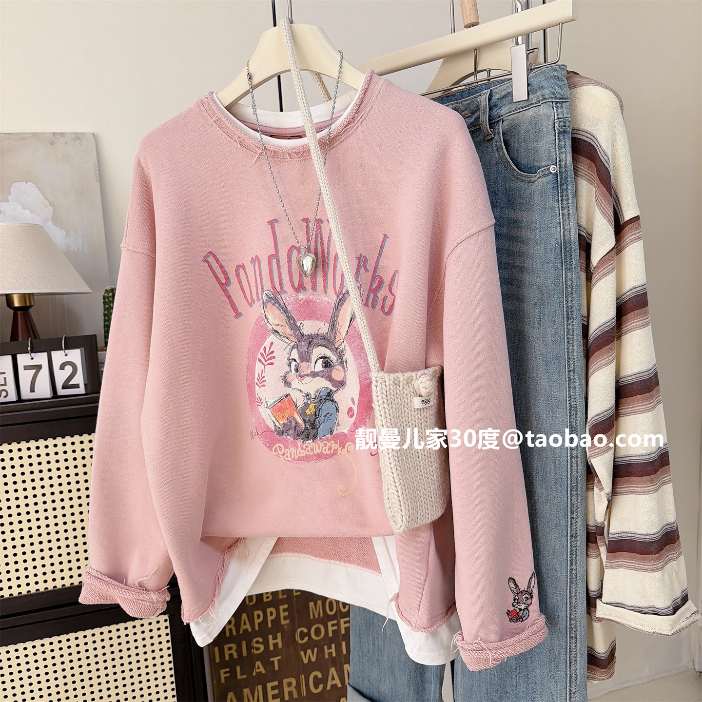 超火爆款纸袋家中长款秋冬水洗毛圈棉白边假两件上衣卡通可爱卫衣