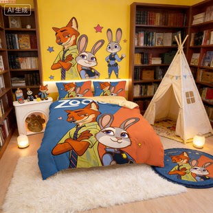卡通儿童疯狂动物城影视四件套卧室狐狸被罩兔子警官单人三件套