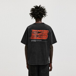 透气休闲夏 短袖 BONELESS WHITE火焰B图案T恤洗水纯棉宽松美式