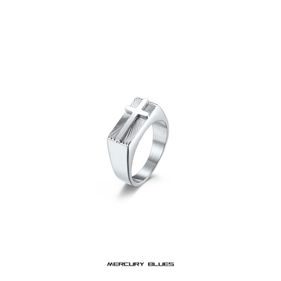 钛钢钢印章圣光镭射纹十字架戒指环男士复古金属风