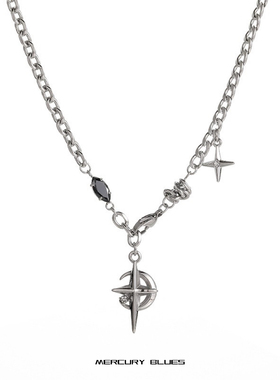 钛钢黑宝石芒星街头项链小众设计高级感锁骨链