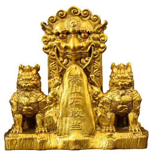 黄铜狮头泰山石敢当补角摆件金山一对麒麟八卦靠山石家居玄关装饰