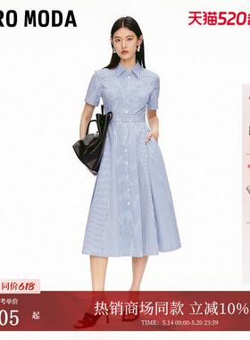 Vero Moda连衣裙夏季含棉腰带收腰单排扣衬衫裙32527B011