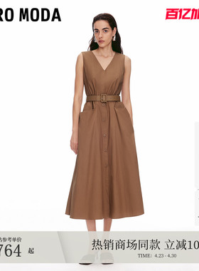 Vero Moda连衣裙夏季纯棉V领捏褶同色腰带长裙32527A054