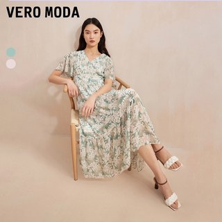 Vero Moda【轻盈裙】连衣裙2024春夏新款薄荷曼波V领印花高腰显瘦