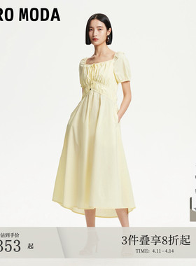 Vero Moda连衣裙夏季含棉方领捏褶系带设计纯色32527B024