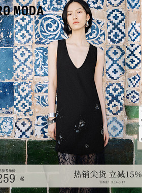 Vero Moda连衣裙秋冬含羊毛软糯A版无袖V领钉珠连衣裙32437A062