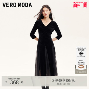 Vero Moda连衣裙秋冬丝绒裙拼接网纱显瘦小黑裙优雅淑风32437C028