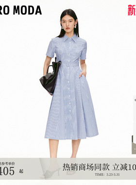 Vero Moda连衣裙夏季含棉腰带收腰单排扣衬衫裙32527B011