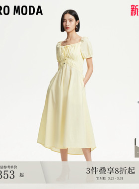 Vero Moda连衣裙夏季含棉方领捏褶系带设计纯色32527B024
