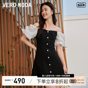 Vero Moda连衣裙2023秋冬新款牛仔拼接一字领泡泡袖收腰甜美优雅