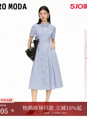 Vero Moda连衣裙夏季含棉腰带收腰单排扣衬衫裙32527B011