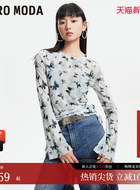 Vero Moda上衣2026春季新款潮流蝴蝶印花长袖薄纱T恤女美式辣妹风