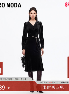 Vero Moda连衣裙2025秋冬显瘦收腰V领鱼尾丝绒小黑裙32547D012