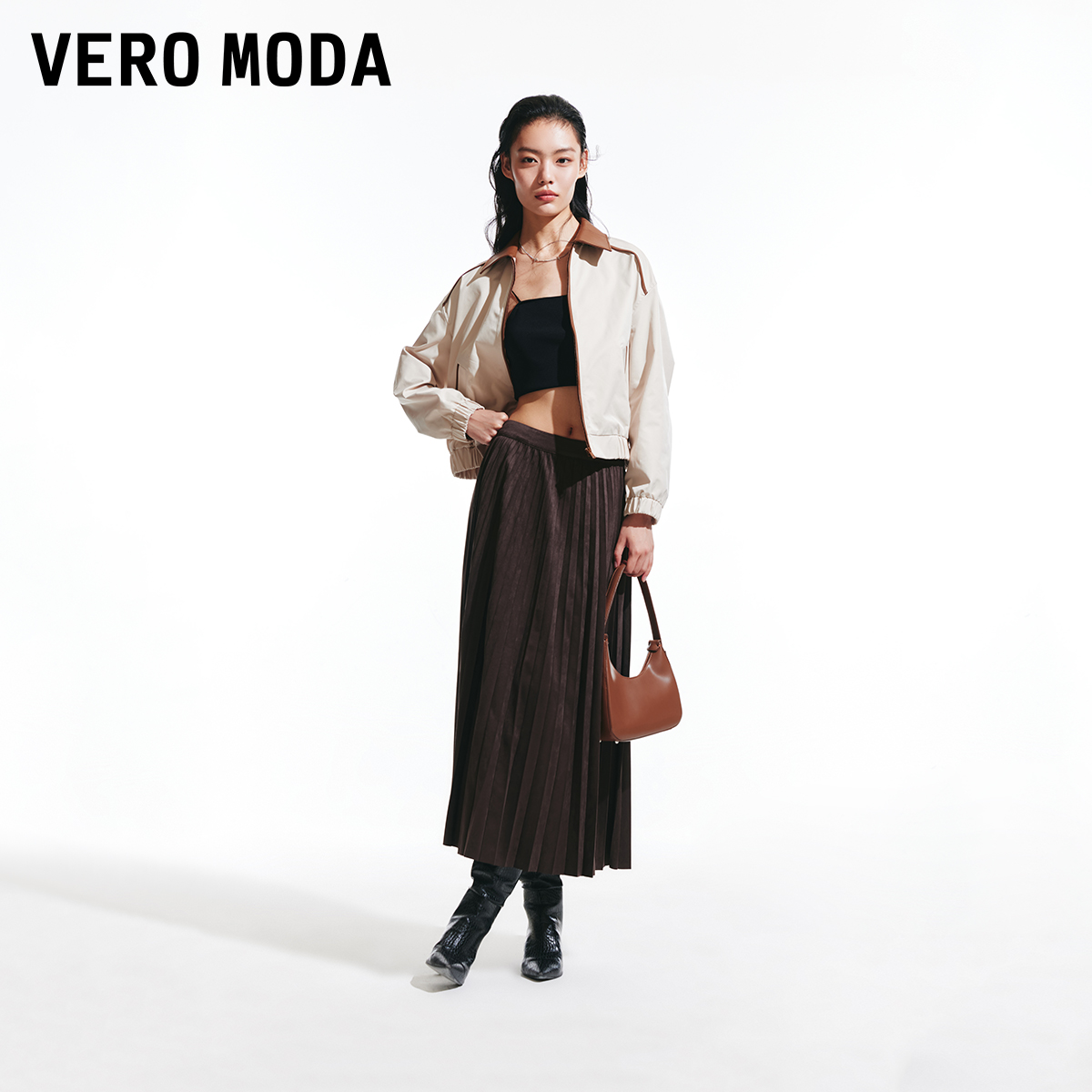 Vero Moda半身裙2024秋冬新款A字百褶裙高腰哑光纯色优