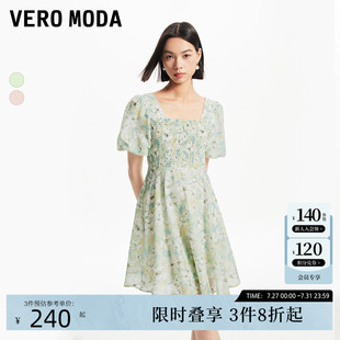 印花显瘦甜美法式 Vero 泡泡袖 Moda连衣裙2024夏季 短裙 方领时尚