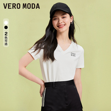 Vero ModaT恤女2024春夏新款学院风字母印花V领修身上衣正肩T恤