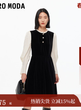 Vero Moda连衣裙2025秋季新款木耳领珍珠排扣A字丝绒裙32537D021