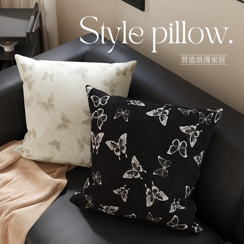 黑白蝴蝶现代轻奢抱枕沙发客厅高级感腰枕车用办公靠垫腰靠枕含芯