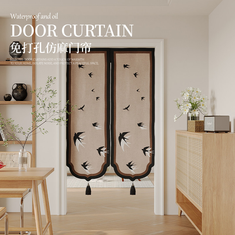 新中式门帘卧室房间家用茶室防窥隔断帘遮挡帘卫生间免打孔门帘子