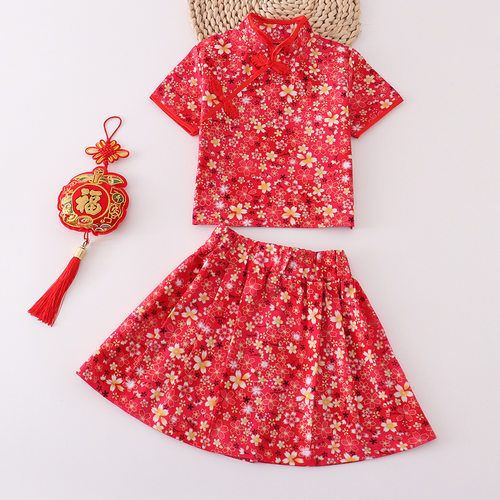 新中式碎花短袖改良旗袍女童国风年服红色百褶裙表演服中小童套装