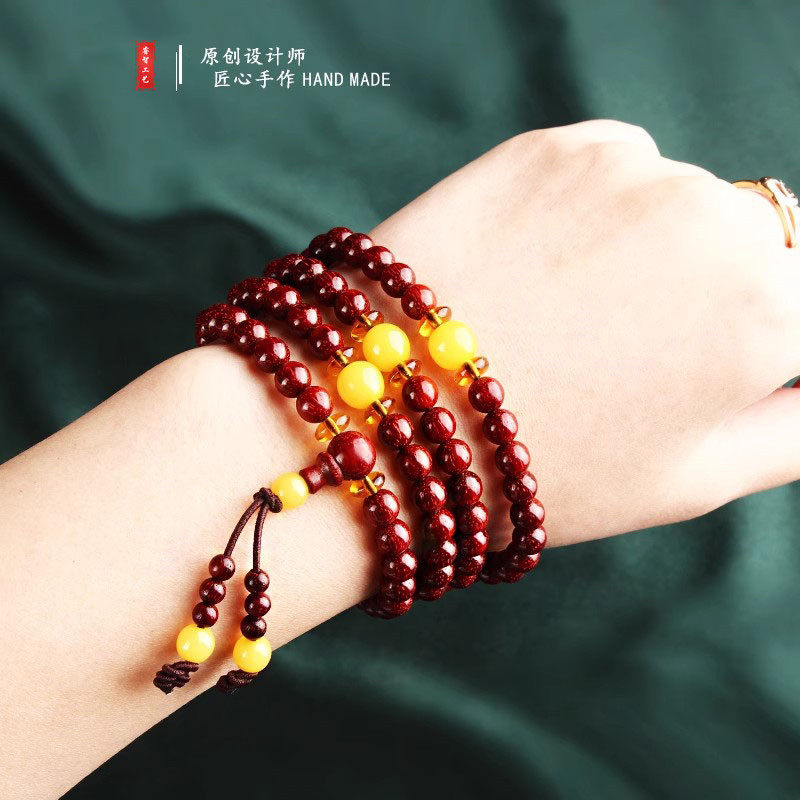小叶手串佛珠108颗中国风蜜蜡手链高油密老料男女款血檀