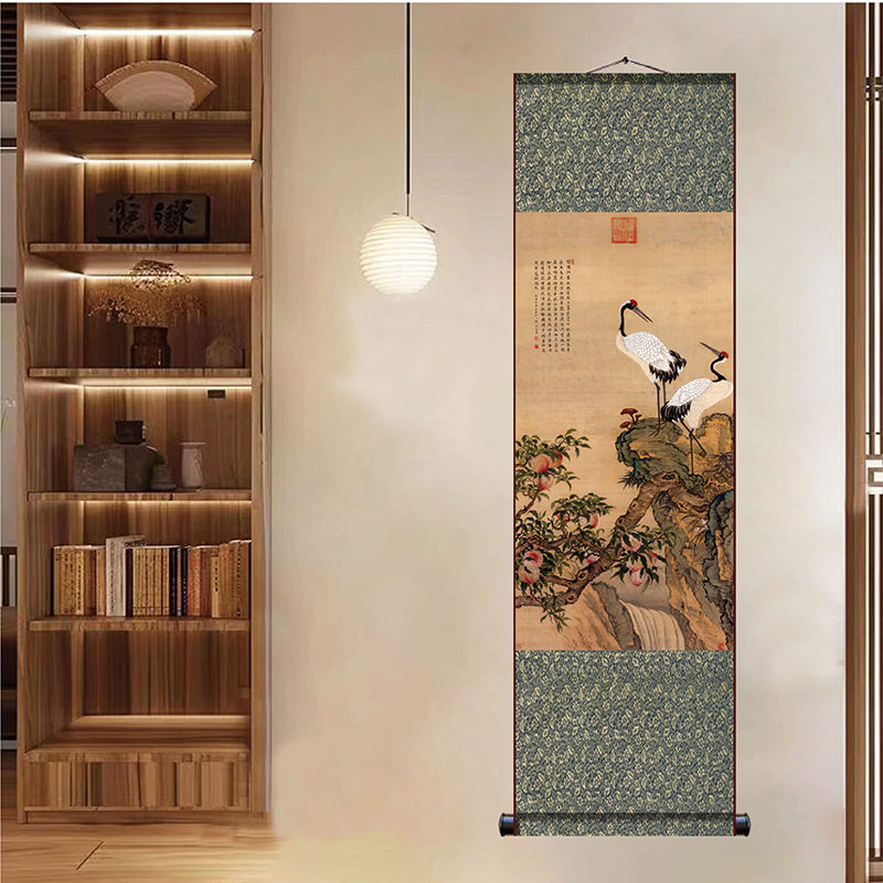 客厅卷轴挂画名家仿古双鹤图蟠桃松鹤延年仙鹤挂画丝绸字画国画