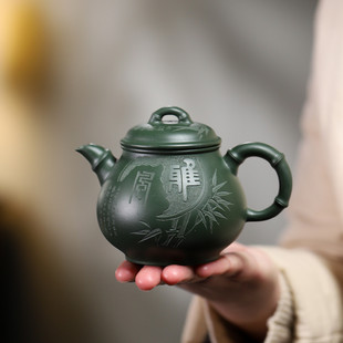 正宗宜兴紫砂壶原矿绿泥雅竹高潘壶家用泡茶壶茶具 迹遇