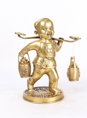 铜挑财童子摆件工艺品手提一桶金家居办公摆件批发