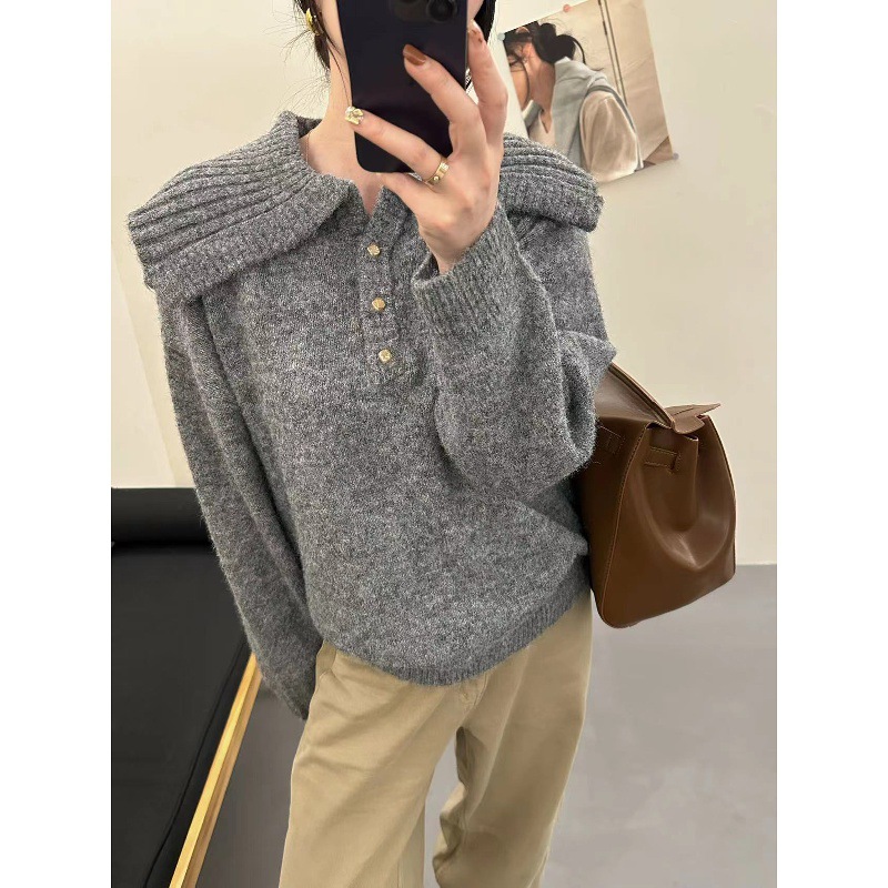 秋冬女士大翻领灰色毛衣女款2025新款爆款加厚打底衫洋气上衣冬季