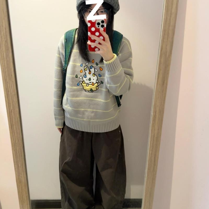 撞色条纹毛衣可外穿内搭秋冬复古圆领套头慵懒松弛感针织毛线衣女